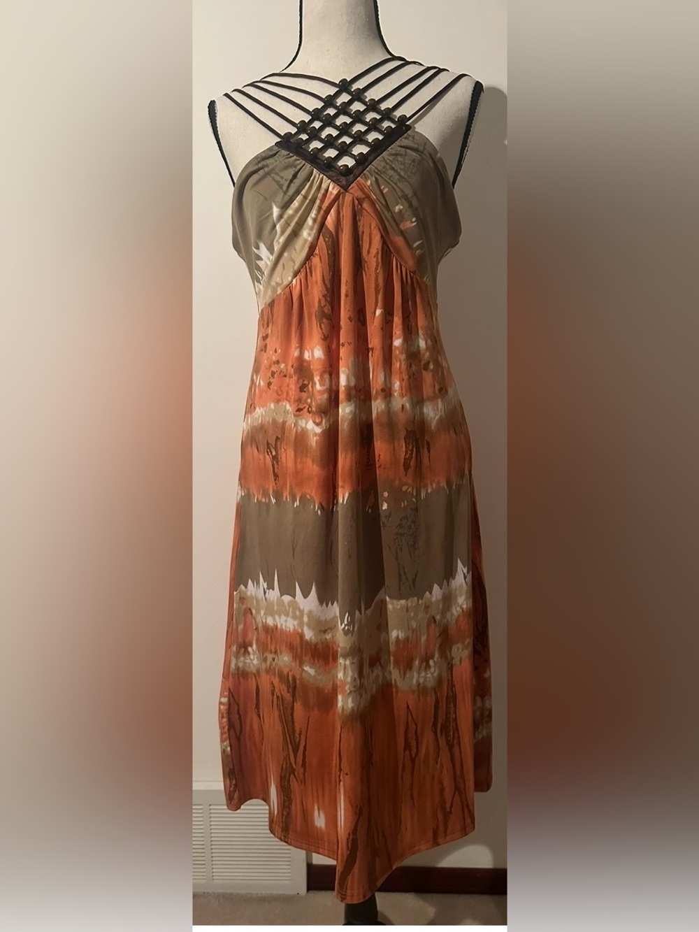 Boho Midi Dress Tie Dye Womens Medium Beaded Festival Hippie Indie Sundress